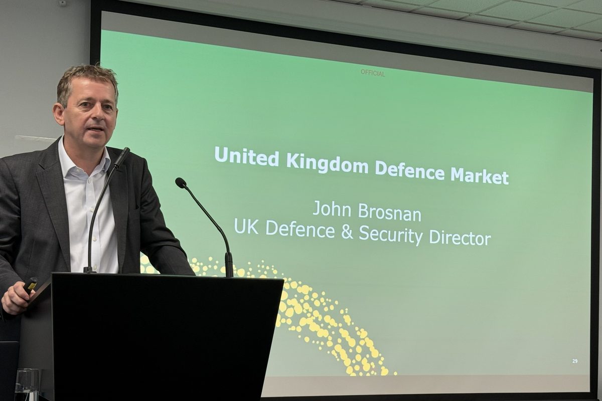 John Brosnan, Austrade's UK Defence and Security Director, presenting the United Kingdom defence market