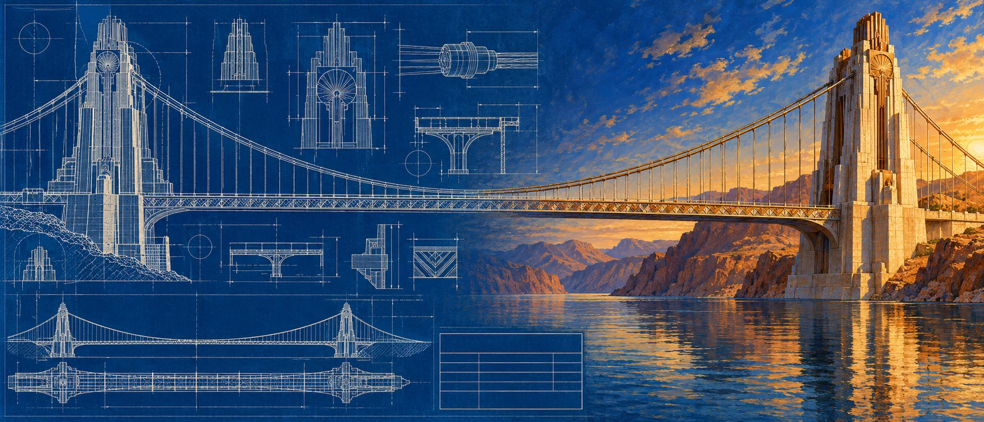 An art deco bridge, drawn as a blueprint on the left and built in stone on the right, over still water at sunset