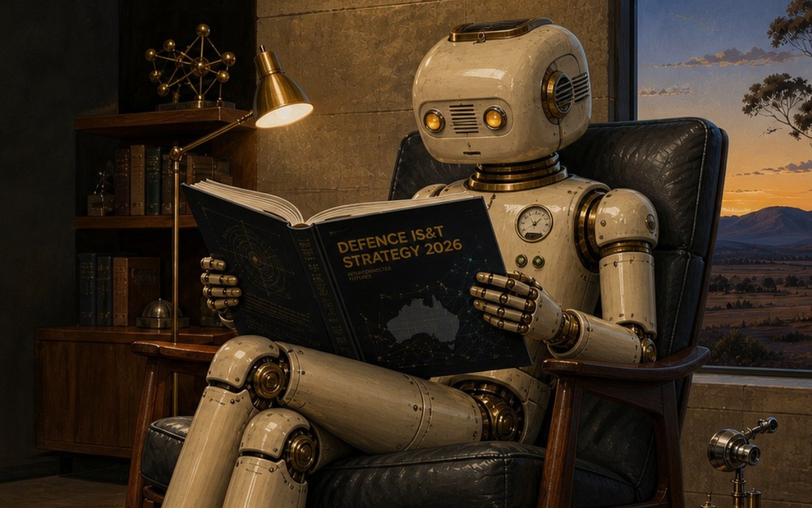 A retrofuturist robot settled into an armchair at dusk, reading the Defence IS&T Strategy 2026 by lamplight