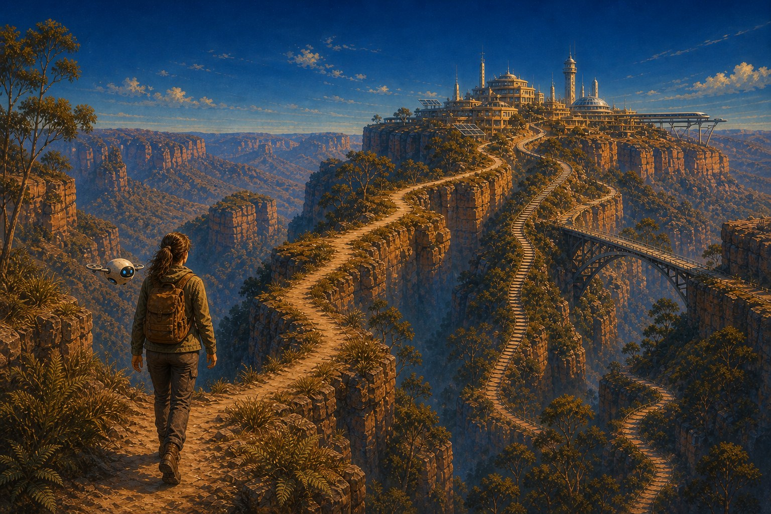 A founder walking a winding path along clifftops toward a distant city, illustrating the route from lab to market