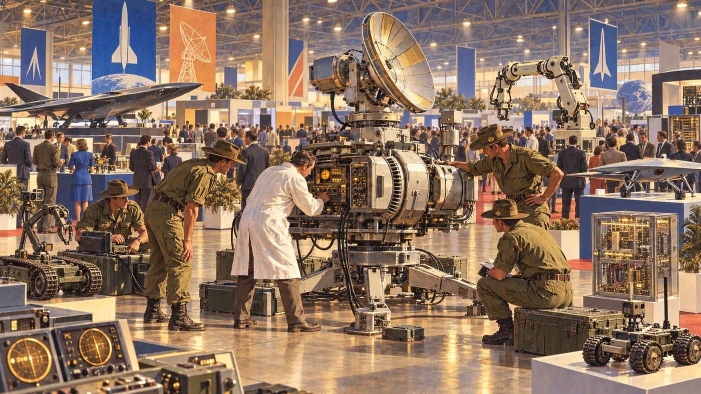 A retrofuturist painting of a defence trade show floor: soldiers and an engineer in a white coat inspecting a large sensor array, with uncrewed aircraft, ground robots and exhibition banners filling the hall behind them