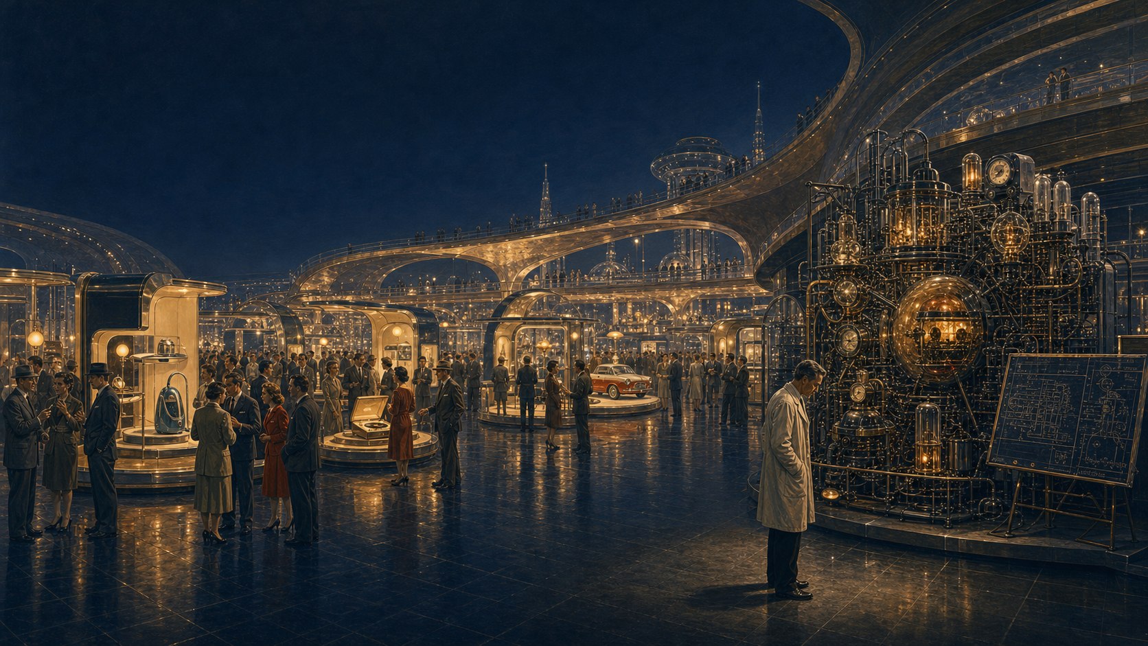 A crowded retrofuturist exposition hall at night, visitors examining glowing exhibit pods while a man in a coat studies an intricate brass and glass machine