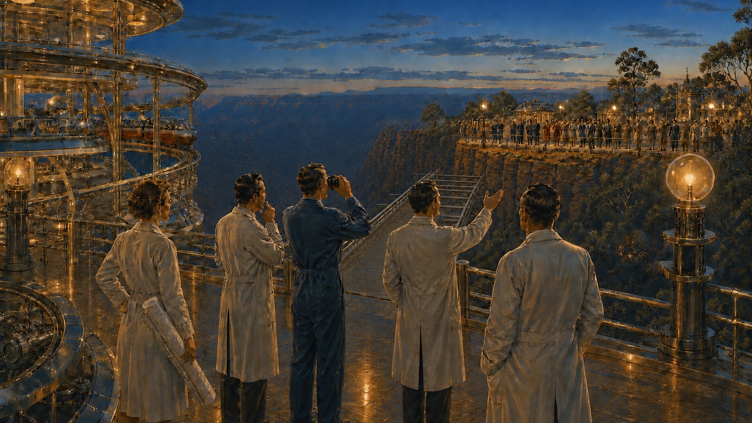A retrofuturist engineering team stands on a brass observation deck at dusk, looking across a canyon at a crowd gathered on the far viewing platform