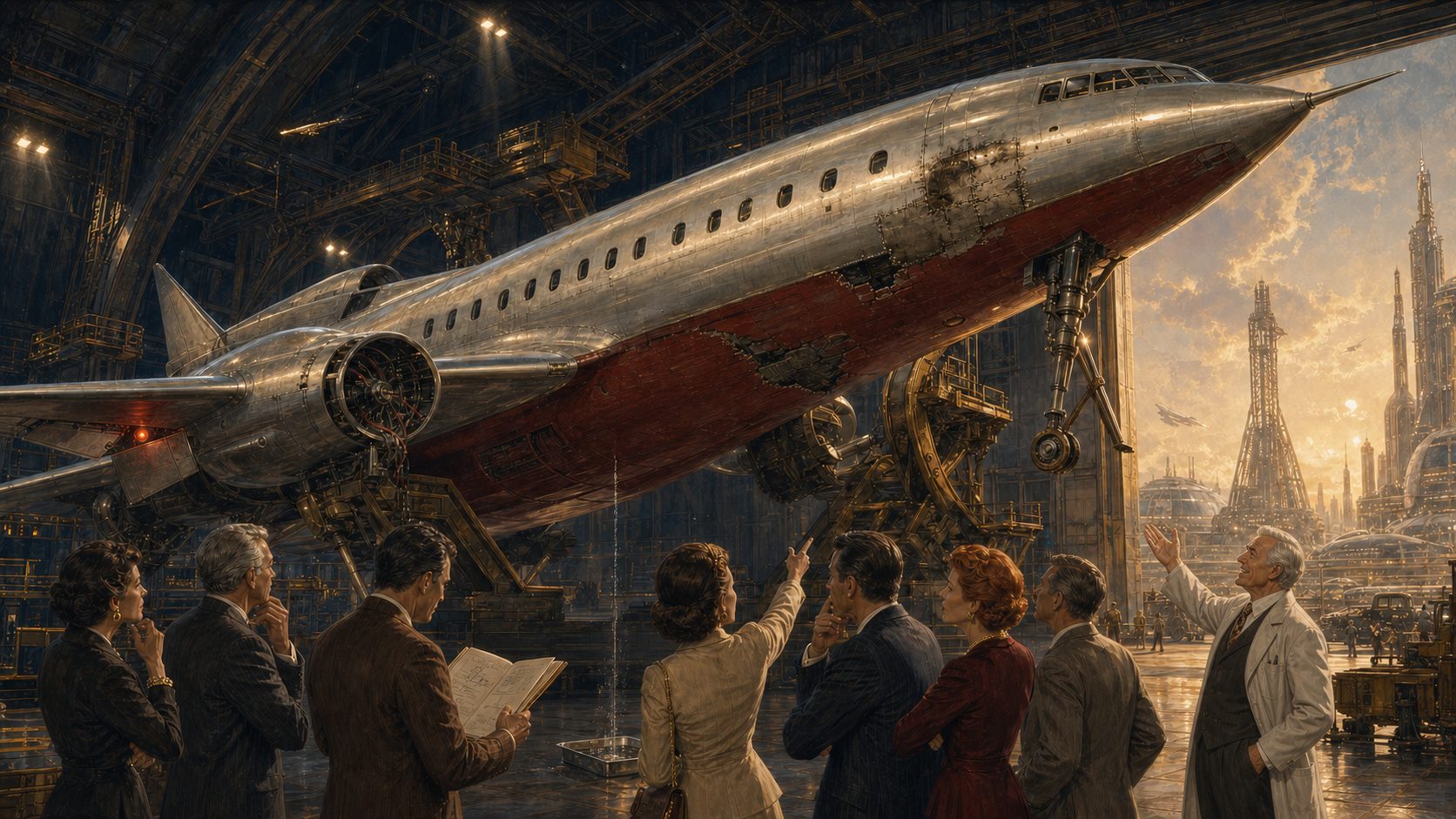 The Six Deadly Sins of a Founder Pitch — an industrial workshop hangar with team reviewing a vintage aircraft blueprint