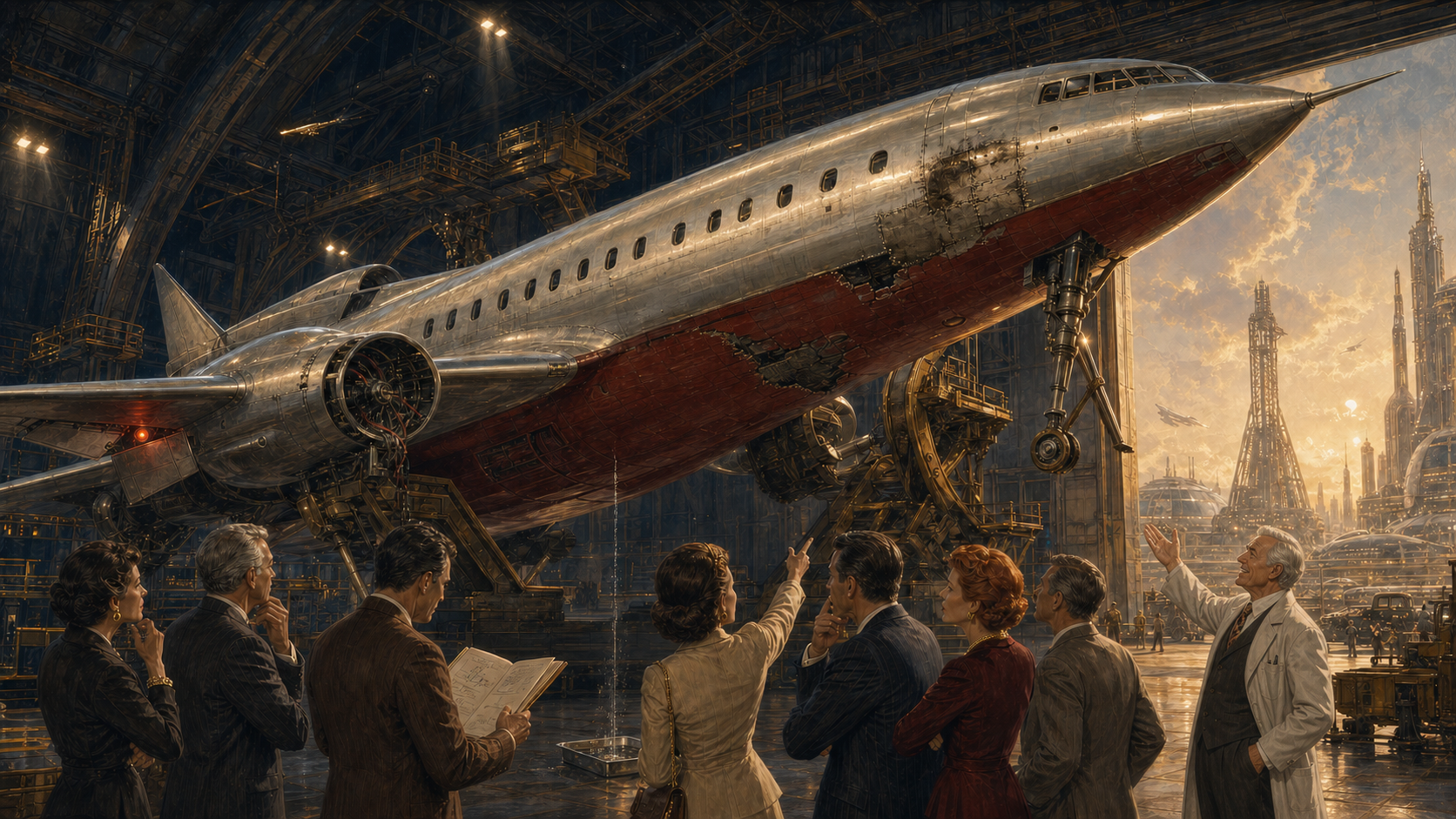 The Six Deadly Sins of a Founder Pitch — an industrial workshop hangar with team reviewing a vintage aircraft blueprint