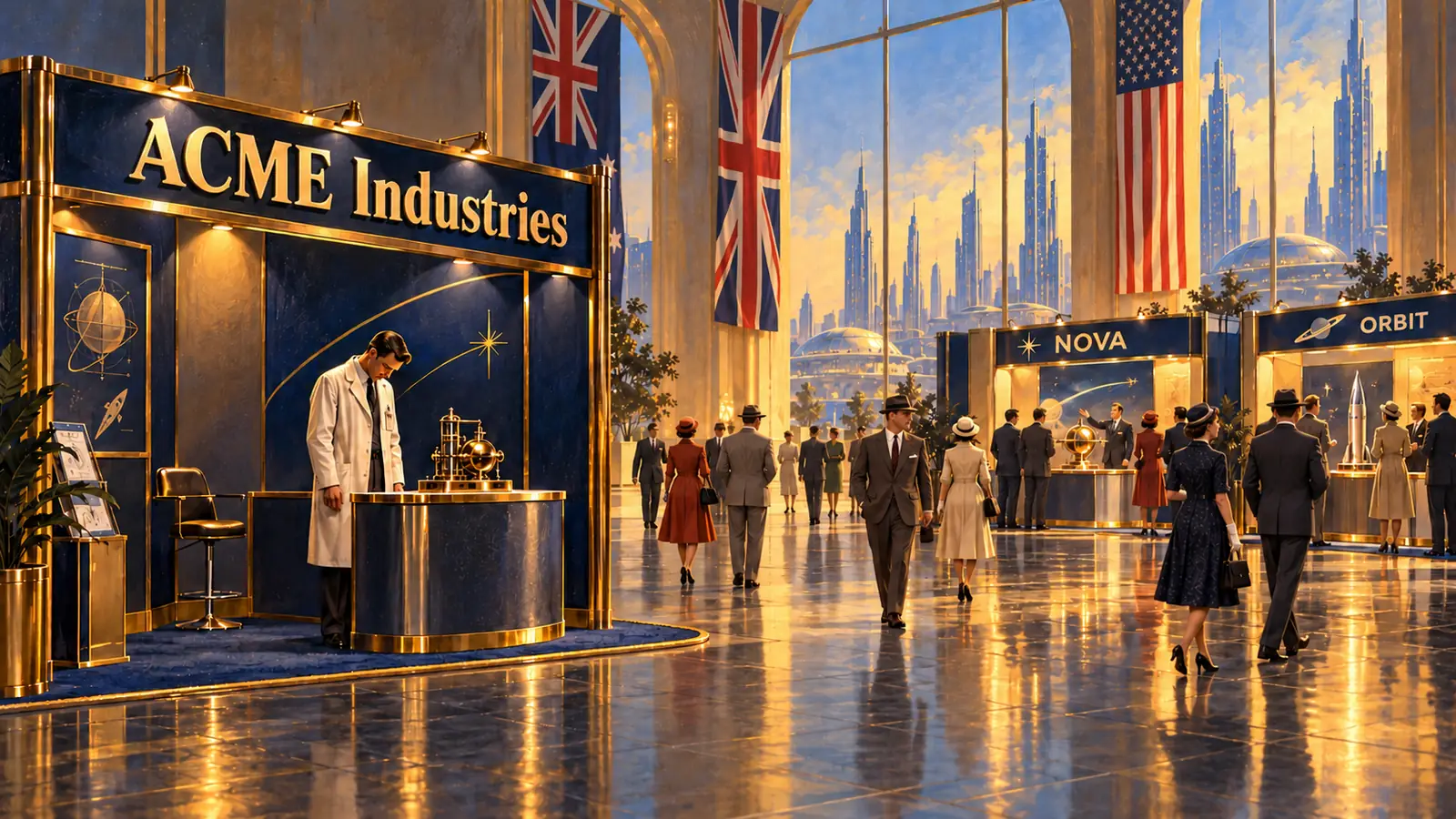 An inventor stands alone at his trade fair stand while visitors walk past.